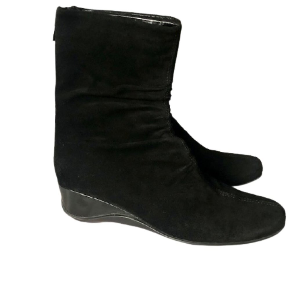 Aquatalia Wedge Suede/Patent Low Calf Booties Back Zip  - Black - 38